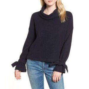 Madewell Cowl Neck Sweater Tie Sleeves Ribbed Textured Pullover Black Sz XS